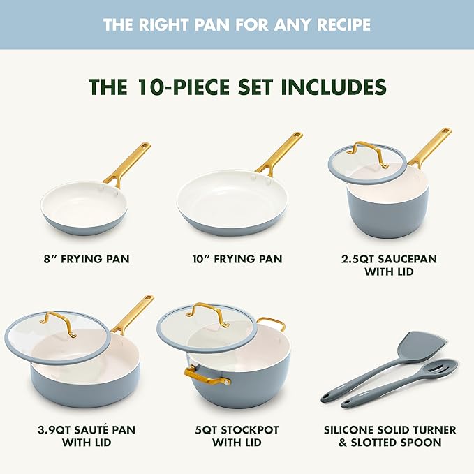 GreenPan Nonstick Reserve Pro 10 Piece Cookware Set, NSF Certified Ceramic, Hard Anodized PFAS-Free Pots & Pans Set with Lids, Stainless Steel Handles, Oven & Dishwasher Safe, Glacier Blue