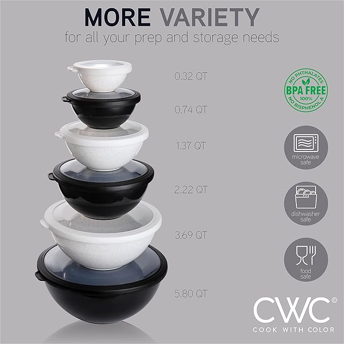 COOK WITH COLOR Mixing Bowls with TPR Lids - 12 Piece Plastic Nesting Bowls Set includes 6 Prep Bowls and 6 Lids, Microwave Safe Mixing Bowl Set (Black and White)