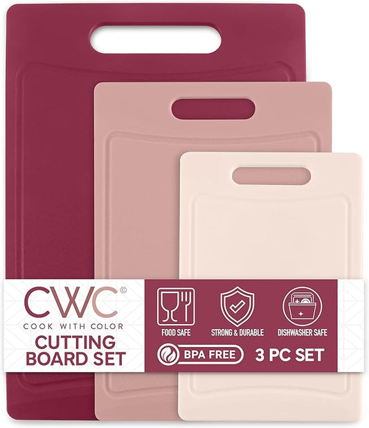 COOK WITH COLOR Non-Slip Cutting Board Set – Kitchen Essentials with Easy Grip Handle for Meat, Veggies, and Fruits, 3 Cutting Boards, Rose