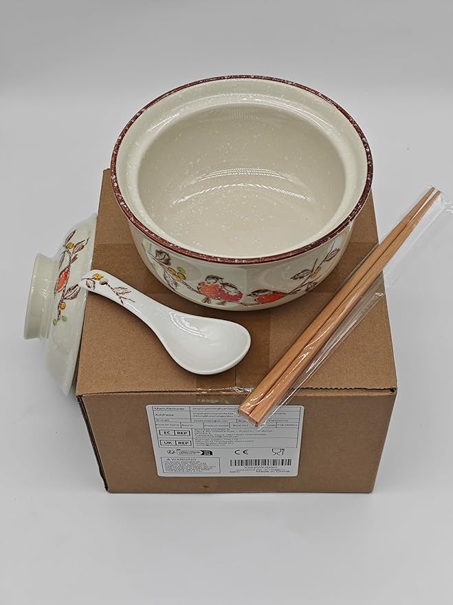 Ceramic Ramen Bowl Set, 800ml, with Lid, Spoon and Chopsticks, Japanese Vintage Large Soup Bowls Instant Noodle Bowl Asian Tableware (Bird*1)