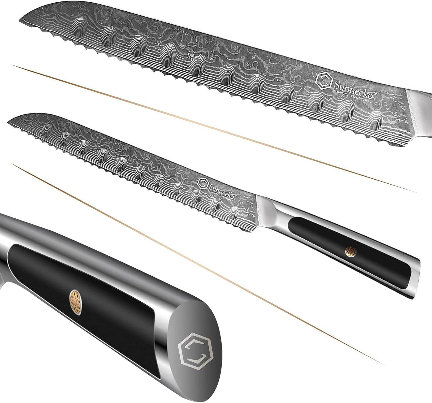 Sunnecko Bread Knife 8 inch, Serrated Bread Knife for Homemade Bread with 67-layers VG10 Damascus Steel Blade, Japanese Bread Knife with Solid Handle Bread Cutting Knife Bread Knives Cake Knife