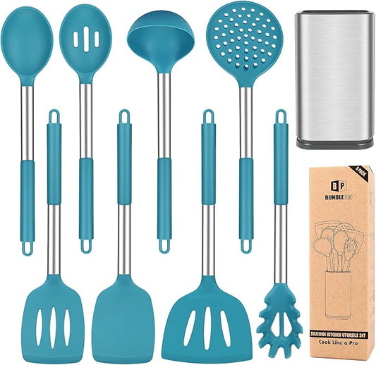 Silicone Cooking Utensil Set, 8Pcs Non-stick Cookware with Stainless Steel Handle, BPA Free Heat Resistant Kitchen Tools with Spatulas, Turners, Spoons, Skimmer and Pasta Fork
