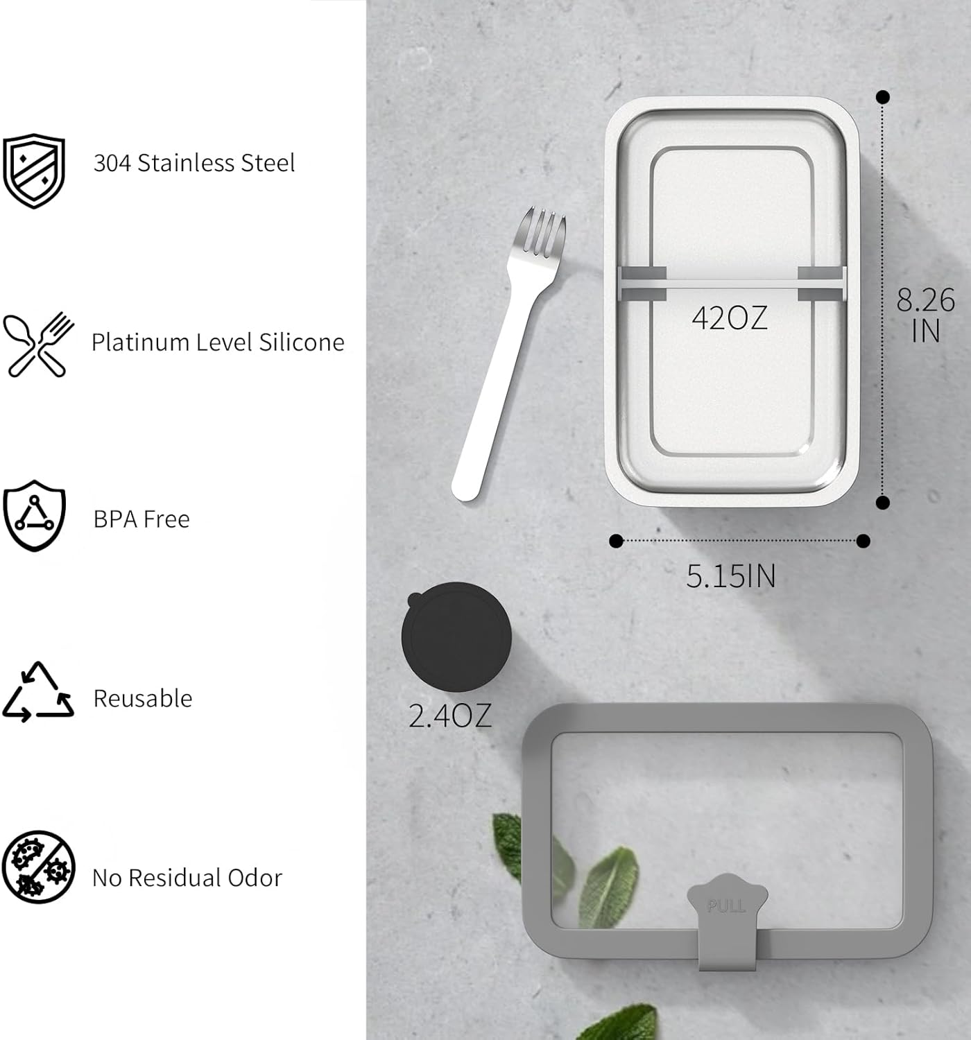 Stainless Steel Bento Box for Adult, 42oz Leak-Proof Lunch Box Containers with Adjustable Divider, Microwave-Safe, Metal Lunchbox with Glass Lid for Work Travel, Black