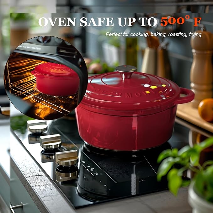 Overmont Enameled Cast Iron Dutch Oven - 4.5QT Pot with Lid Cookbook & Cotton Potholders - Heavy-Duty Cookware for Braising, Stews, Roasting, Bread Baking red
