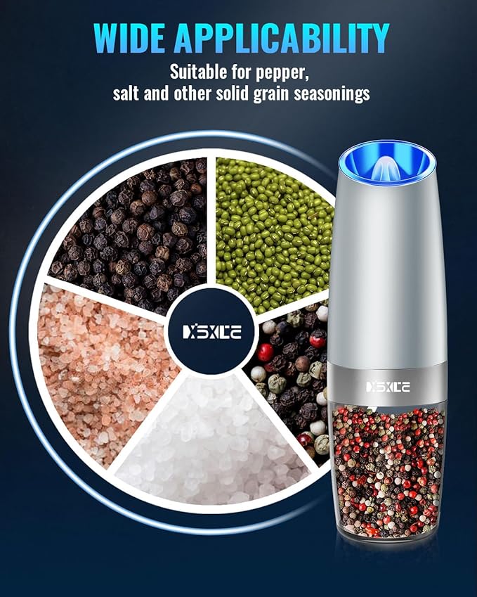 XinXu Gravity Electric Pepper Grinder, Salt or Pepper Mill & Adjustable Coarseness, Battery Powered with LED Light, One Hand Automatic Operation -Set/Light Grey