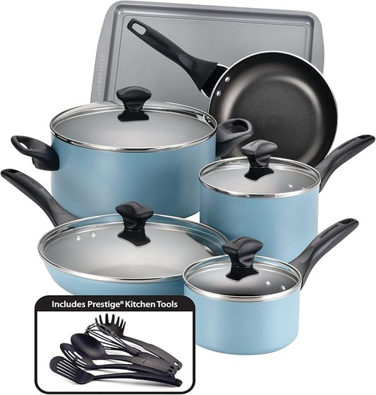 Farberware Dishwasher Safe Nonstick 15-Piece Cookware Set, Aqua
