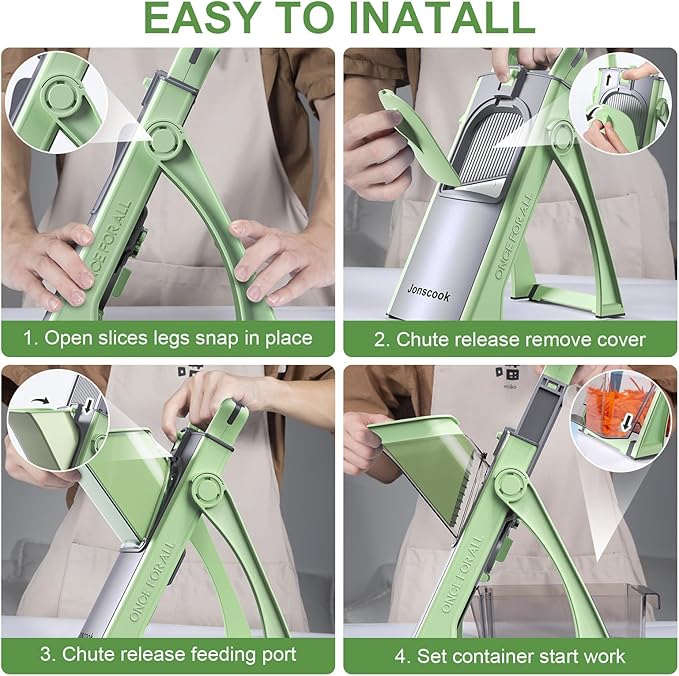 All-in-1 Update Safe Mandoline Slicer for Kitchen, Food Chopper with Container, Thickness Adjustable Vegetable Chopper, Potato French Fry Cutter Tomato Apple Slicer Onion (Matcha Green)