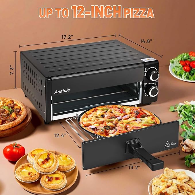 Anatole Electric Pizza Oven 12" 1800W Indoor Countertop Pizza Maker Time Temperature Adjustable Multifunctional Pizza Cooker with Removable Grill Crumb Tray ETL Certified