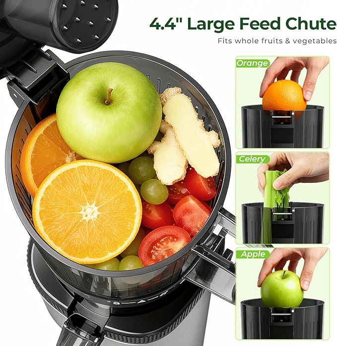 Cold Press Juicer Machine, 4.4" Wide Feed Chute, Slow Masticating Juicer for Whole Vegetables & Fruits, High Juice Yield, Easy to Clean & Assemble, One-Touch Knob Control