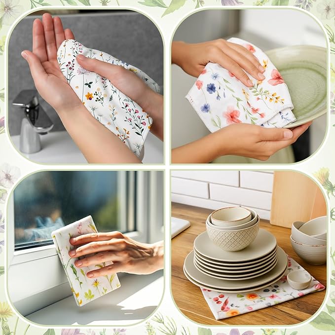 18 Pack Reusable Cleaning Cloths Washable Cotton Kitchen Dish Towels for Home Christmas Party Supplies Bulk, 9.84x11.81in (Wildflowers)
