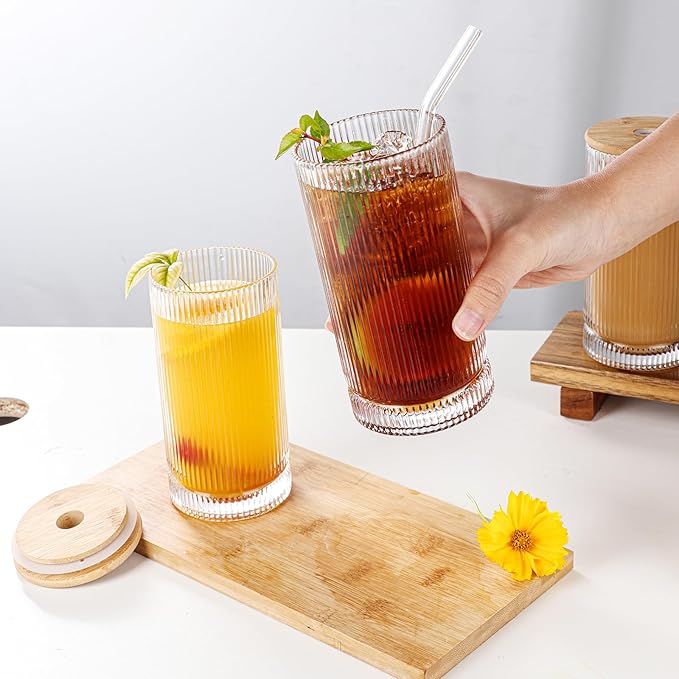 Vintage Ribbed Glassware Set, 16oz Drinking Glasses, Origami Style Set of 4, Fluted Design, Ideal for Water, Iced Coffee, Juice, Beer, Milk, Gift (16oz with lids and straws)