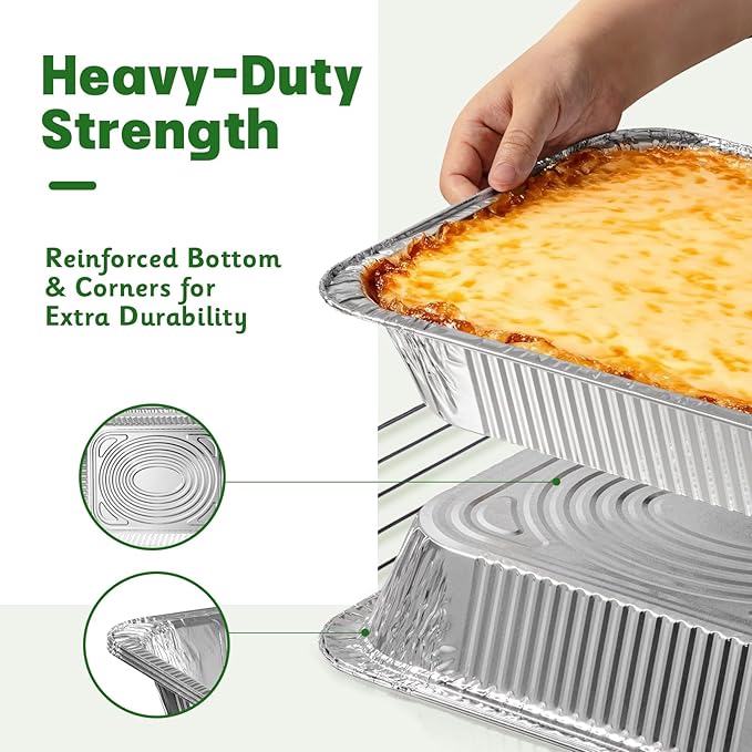 9x13 Aluminum Pans with Lids [25 Pack], Extra Heavy Duty Half Size Disposable Foil Pans, Deep Baking Pans for Cooking, Roasting, Heating, and Steam Tables