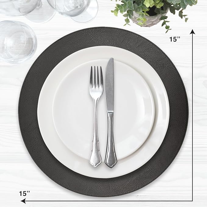 Placemats Set of 6 – Round 15” Faux Leather Table Mats for Dining, Heat Resistant & Non-Slip Washable Table Decor, Indoor, Outdoor, Dining Table Set for 6, Modern Kitchen & Holiday Use,Black