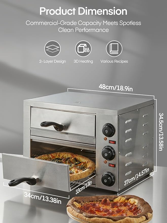 Commercial Pizza Oven, 12 Inch Countertop Pizza Ovens with 662°F Max Temp, 2-Layer Electric Pizza Cooker with Alert Timer, 1700W Stainless Steel Pizza-Maker Machine, for Restaurant,Home, Party, Silver