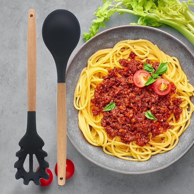 Silicone Pasta Fork and Silicone Cooking Spoon Set, Large Non Stick Kitchen Utensils for Cooking, Stirring, Serving Spaghetti, Soup, Sauce