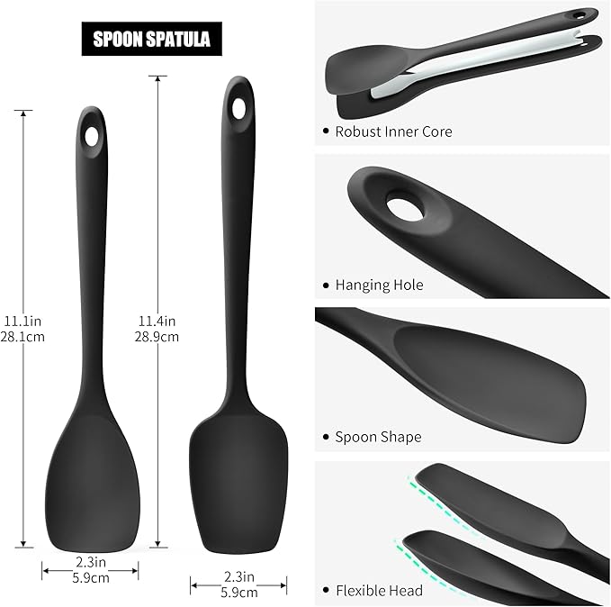 Doosu Silicone Spoon Spatula Set of 2, 600ºF Heat-Resistant Food Grade Rubber Spoonula with Seamless Design, Non-Stick Dishwasher Safe Kitchen Utensils for Cooking, Baking, Mixing, Scraping (Black)