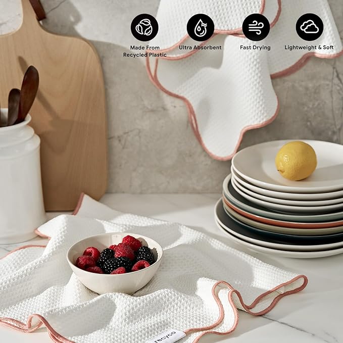 RECYCO Waffle Kitchen Towel Set of 2 - Quick Dry Microfiber Sustainable Dish Towels - Ultra Absorbent Reusable Cleaning Tea Towels - Lightweight Hand Towels,16”x 28”, Coral Pink