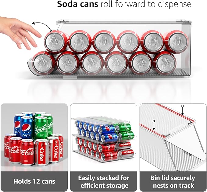 Sorbus Soda Can Organizer for Refrigerator – Stackable Can Dispenser with Lid for Fridge, Pantry, or Freezer – Holds 12 Cans Each, BPA-Free Clear Drink Organizer (4-Pack)