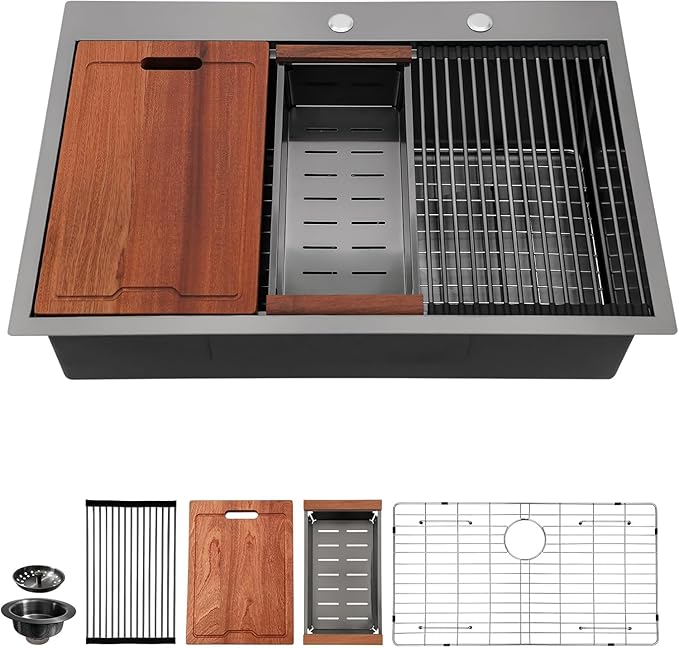 Lordear 33 Inch Black Drop In Kitchen Sink 33x19 Inch Drop in Top Mount Sink 16 Gauge Stainless Steel Single Bowl Ledge Worktation Kitchen Sinks Handmade Deep Basin With Cutting Board, 33"x19"x10"