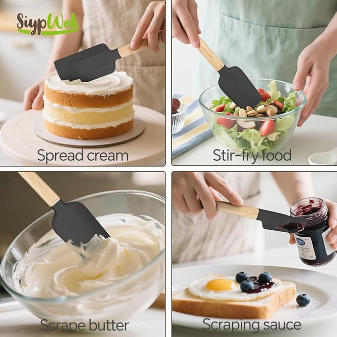 Black Silicone Spatula Set, Food Grade Rubber Spatula-4 Piece Nonstick Rubber Spatulas, Spoonula, Jar Scraper for Cooking, Baking, Mixing, Frosting
