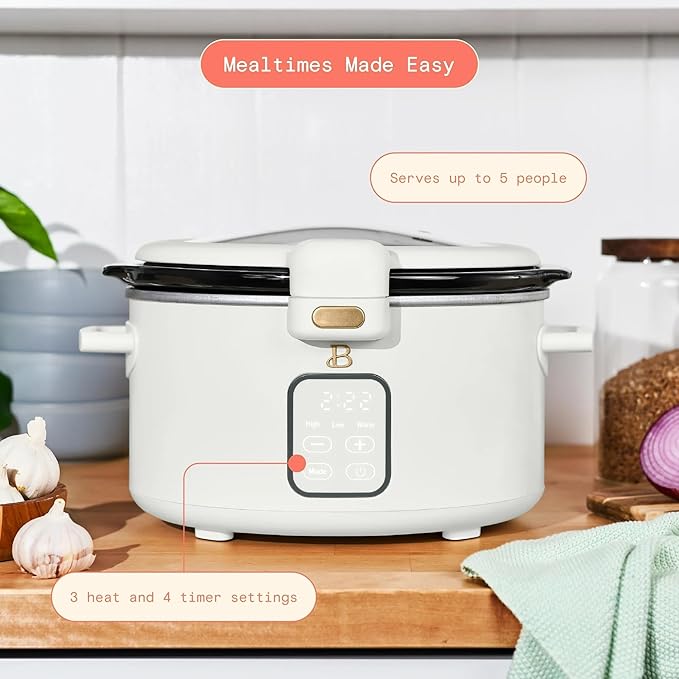 Beautiful 4-Qt Programmable Slow Cooker with Hinged Locking Lid & Touch Display – 3 Heat / 4 Timer Settings (White Icing)