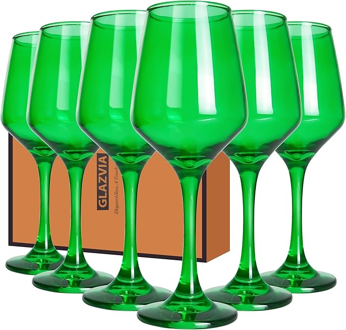 Green Wine Glasses Set of 6-14oz Long Stem Wine Glass, Pretty Crystal Glassware, Hand Blown Goblets Drinkware, Unique Stemware Wine Glass Holiday Gift Set