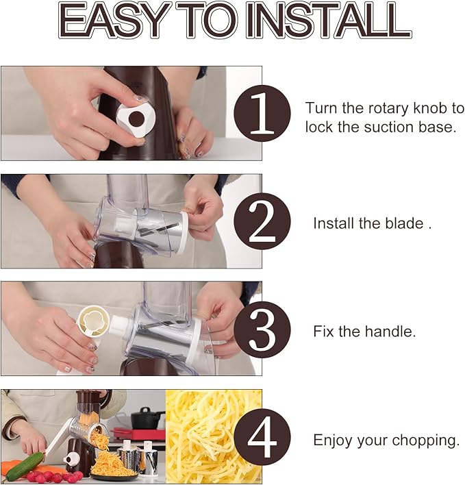 Ourokhome Rotary Cheese Grater Hand Crank, Kitchen Shredder Speed Mandolin Slicer Nut Grinder with Handle and Drum Blades for Cheese, Vegetable, Walnuts, Chocolate, Potato, Carrot,3 Blades, Coffee