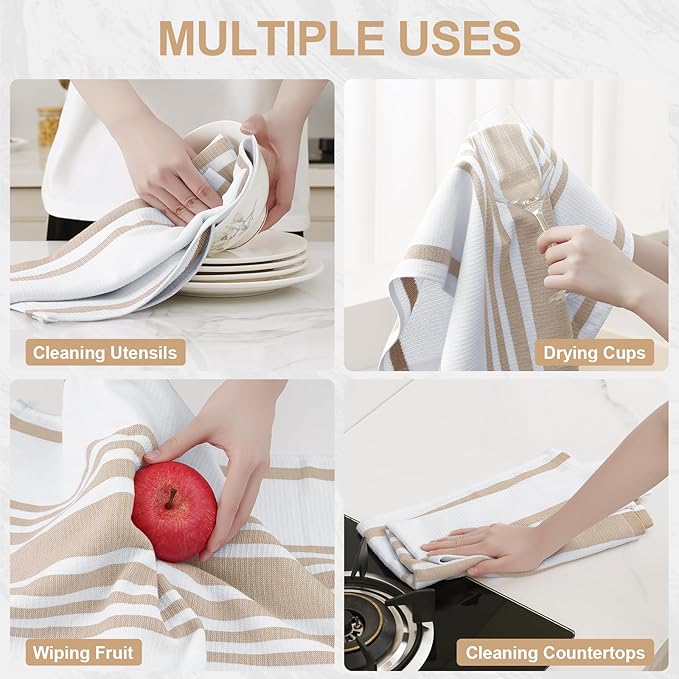 Homaxy Premium Kitchen Towels 18”x 28”, Large Cotton 380 GSM Kitchen Hand Towels, Stripe and Terry Dish Towel, Highly Absorbent Tea Towel Set with Hanging Loop, 6 Pack, Khaki