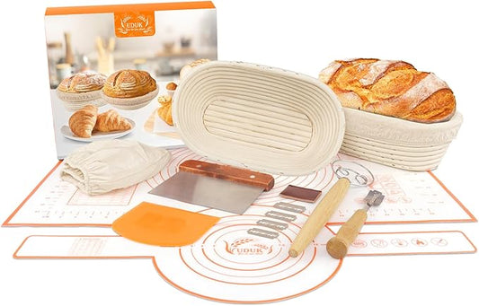Sourdough Starter Kit - Bread Proofing Basket Set with 9.6" Oval Banneton Baskets x2, Silicone Bread Sling Baking Mat, Whisk Cutter Scraper Lame - Ideal Sourdough Bread Baking Supplies