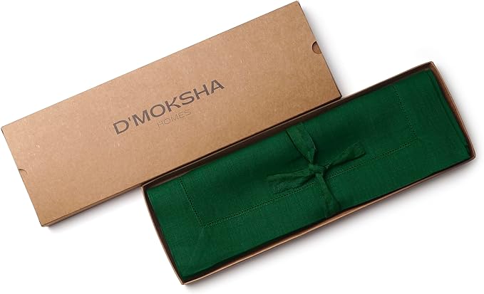 D'Moksha Homes Linen Placemats Set of 4 - Classic Hemstitch Forest Green Placemats 14 x 19 Inch - 100% Pure Linen Table Mats for Thanksgiving, Christmas, Holiday - Handcrafted and Machine Washable