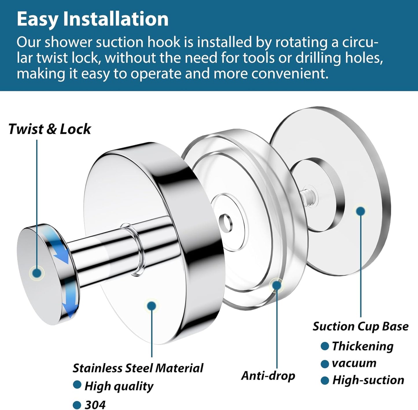 Suction Cup Hooks for Shower, Bathrooms Wall, Glass Door, Mirror, Kitchen–Towel, Robes, Coat, Hanging up to 15 lbs No-Drill Suction Hooks–Waterproof & Rustproof (Chrome, 2 PCS)