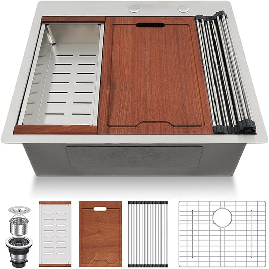 Lordear Drop In Kitchen Sink 25 Inch Stainless Steel Drop In Workstation Sinks 16 Gauge Ledge Workstation 25x22 Drop-in Topmount Single Bowl Kitchen Sink With Accessories