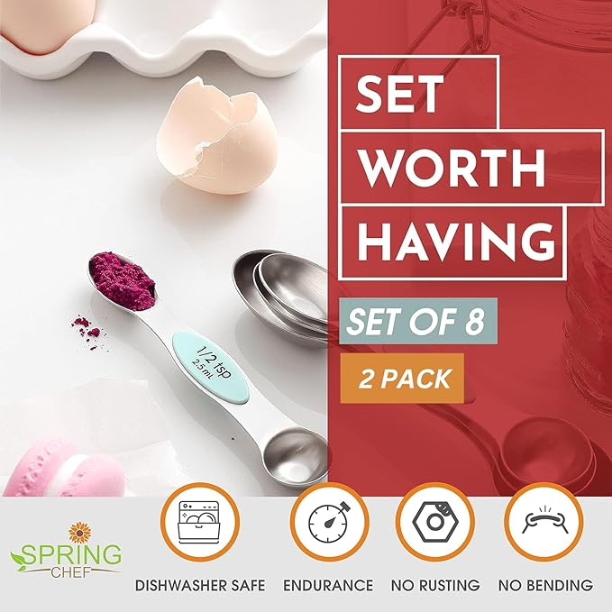 Spring Chef Stainless Steel Magnetic Measuring Spoons Set of 8 with Leveler, Metal Teaspoon & Tablespoon Measuring Spoons, Fits in Spice Jars, Kitchen Gadgets for Baking & Cooking - Set of 2 - Mint