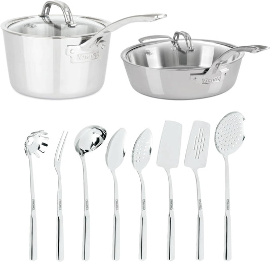 Viking Stainless Steel Kitchen Essentials Bundle – 3-Piece Cookware Set with 8 Cooking Utensils, 4.8 Qt Sauté Pan & Lid, 3.4 Qt Sauce Pan & Lid – Induction Ready, Oven & Dishwasher Safe
