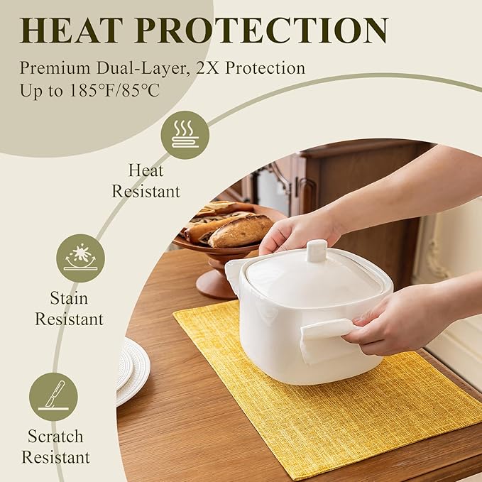 KXN Placemats Set of 4, Dual-Layer Thickened Faux Linen Table Mats, Heat Resistant & Wrinkle-Free, Machine Washable Cloth Place Mats for Kitchen Dining Indoor Outdoor (Yellow)