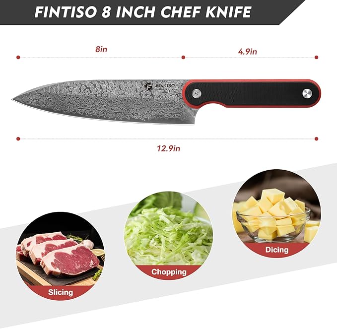 FINTISO Chef Knife 8 Inch, Professional 67-Layer Damascus Stainless Steel Kitchen Knife with 10Cr15CoMoV Steel Core, Ultra Sharp Cooking Knife with Ergonomic Full Tang G10 Handle