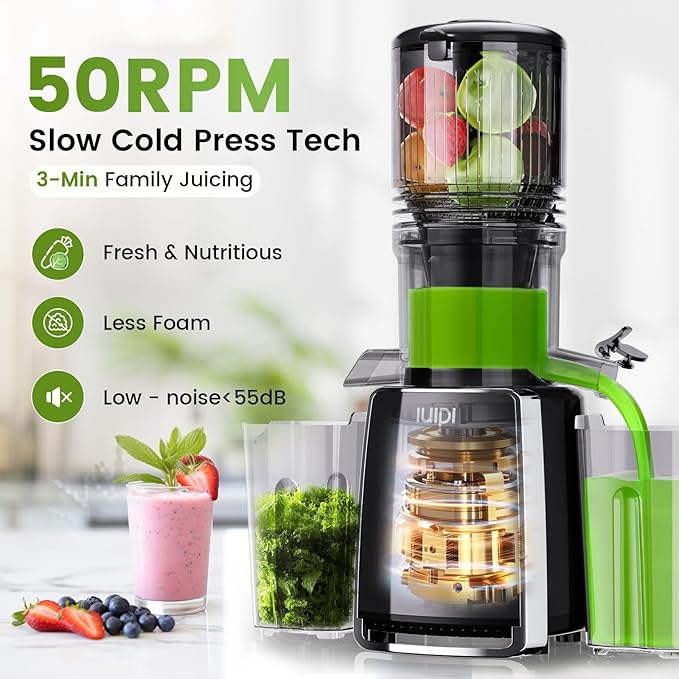 Cold Press Juicer Machines, 5.3" Large Feed Chute Slow Masticating Juicer, 99% Juice Yield, Ultra Quiet, Easy Clean, BPA Free – Ideal Self-Feeding Juicer for Whole Fruits & Vegetables (Black)