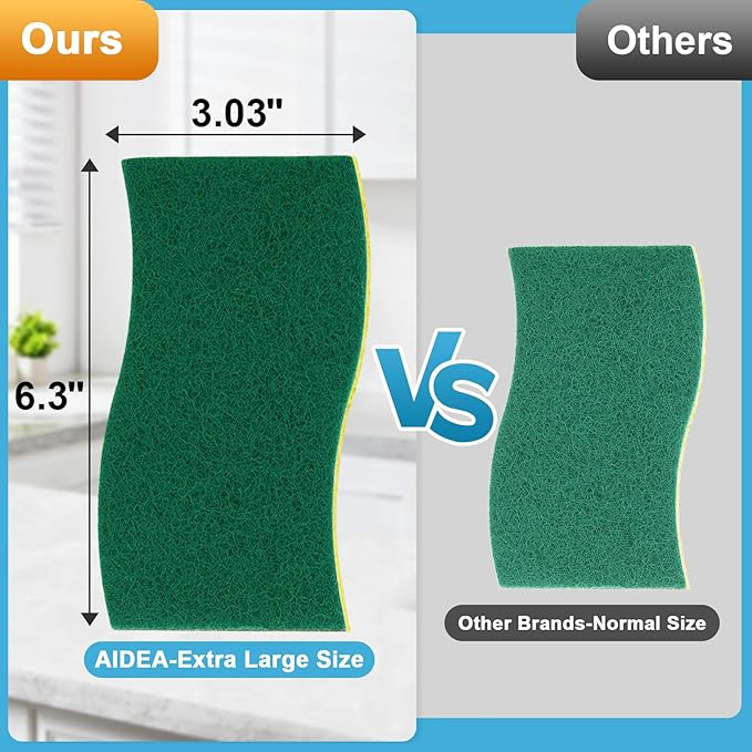 AIDEA XL Scrub Sponges 6Count, Heavy Duty Sponges for Dishes, Extra Large Sponge for Cleaning Kitchen and Household, Heavy Duty Sponge Safe for Non-Coated Cookware, Cleaning Power for Bathroom, House