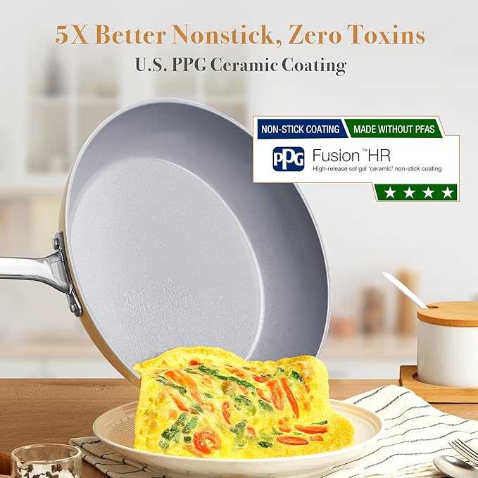 PekGema Ceramic Cookware Set Nonstick, 16 Pcs Pots and Pans Set Non Toxic, Oven Safe, Induction Cookware, Cooking Set with Steamer, PPG Ceramic PFAS PTFE PFOA FREE, Beige