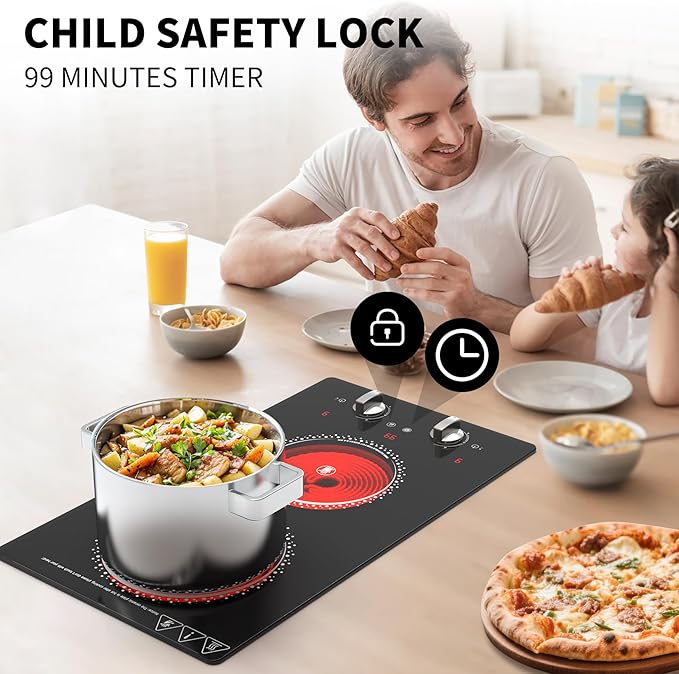 2 Burner Electric Cooktop - 12 Inch Electric Stove Top with Plug, 2100W Countertop Burners & Built-In Stove Top, 9 Levels of Power, Knob Control, Timer & Kid Safety Lock, Residual Heat Warning