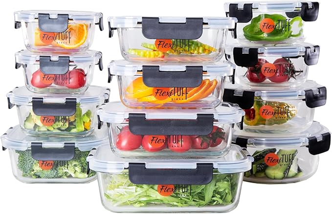 24pcs Set Food Storage Containers (12 Airtight & 12 Lids) | Glass Meal Prep Containers | Lunch Box | BPA Free, Leakproof Lids, Dishwasher, Microwave & Freezer Safe for Kitchen