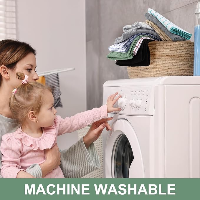 Homaxy Premium Cotton Kitchen Towels 16"x 28", Large Natural Ring Spun 390 GSM Dish Towels, Super Absorbent Terry Kitchen Hand Towels, Soft Tea Towel with Hanging Loop, Grass Green Check, 8 Pack