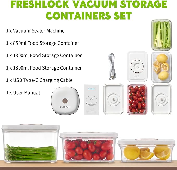 3 Vacuum Seal Containers Set with Sealer Machine - Airtight Food Storage Containers, Meal Prep Containers, BPA-Free & Leakproof, for Vegetable, Meat, Snack, Bread and More (white)