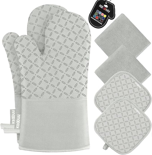 KEGOUU Oven Mitts and Pot Holders 6pcs Set, Kitchen Oven Glove High Heat Resistant 500 Degree Extra Long Oven Mitts and Potholder with Non-Slip Silicone Surface for Cooking （Greenish Gary）