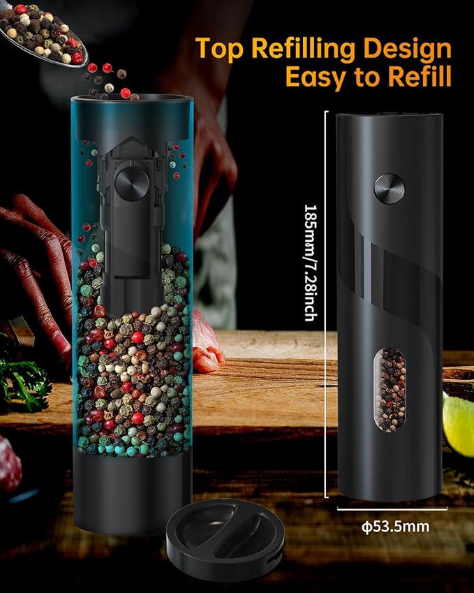 CIRCLE JOY Rechargeable Electric Salt and Pepper Grinder Set with Base, Automatic Pepper Mill Grinders with 110ml Container, Adjustable Coarseness and White LED Light, Black