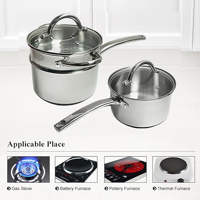Stainless Steel Saucepan Glass Lid Casting Steel handle Induction Impact Bonded 8 PCS Set Steamer