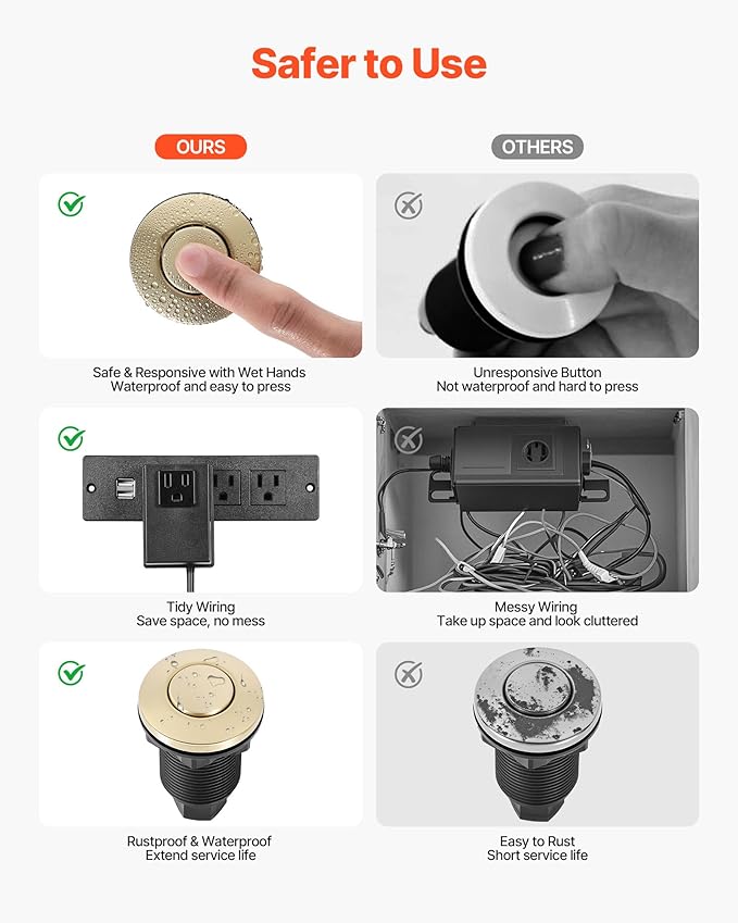 VEVOR Garbage Disposal Air Switch Kit, 2.5" Sink Top Air Switch for Food Waste Disposal, Brushed Gold Stainless Steel ON/OFF Air Button for Waste Disposer - Suitable for Stainless Steel Countertops