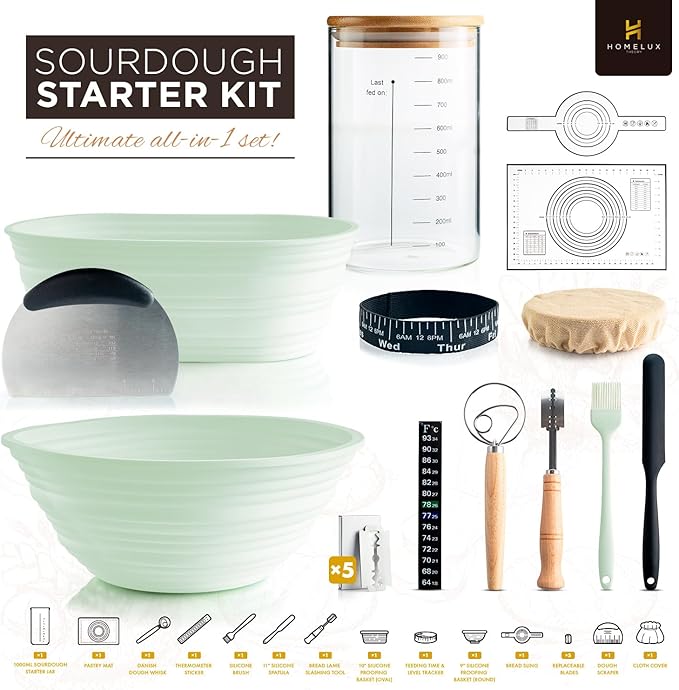 Sourdough Starter Kit, 14pcs Bread Making Kit & Sourdough Bread Baking Supplies Kit, Banneton Basket Kit for Sourdough Proofing with Bread Baking bowl for Artisan Breads (Green) by HOMELUX THEORY
