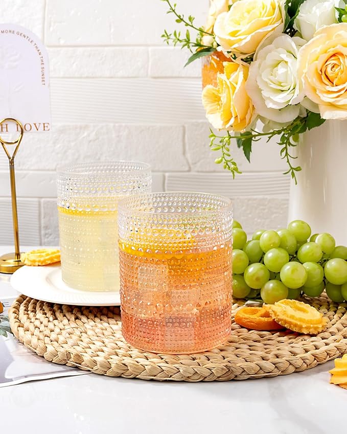 YOUBET 24PCS Plastic Hobnail Drinking Glasses - 14 Oz Clear Vintage Glasses Drinkware - Disposable Beaded Cups for Juice, Wine, Party