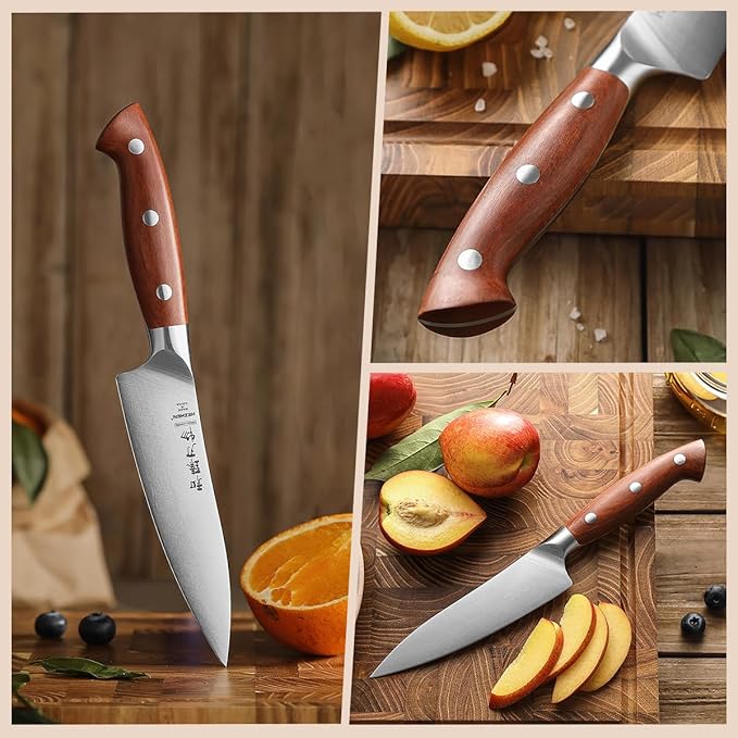 HEZHEN Petty Knife - 5.3” Chef Utility Knife, High Carbon German 1.4116 Stainless Steel Blade, Full Tang, Red Wood Handle, Premium Gift Box,